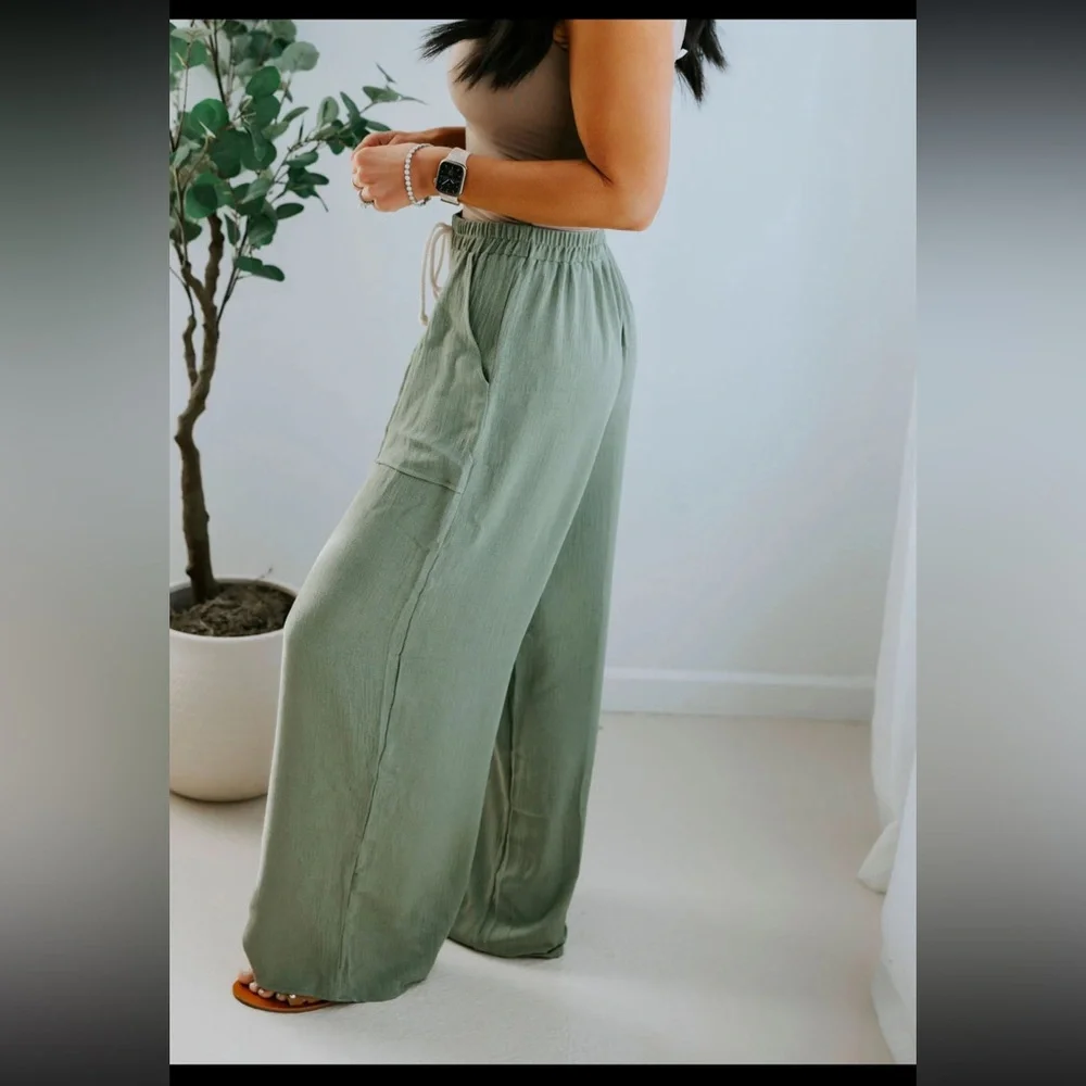 Ces Femme Wide Leg Pull On Pants Olive Side Pockets Womens Size Large - Picture 2 of 10